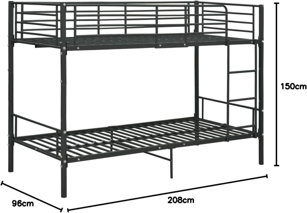 Metall-Etagenbett, 90 x 200 cm, mit Schutzgeländern und Zugangsleitern (Schwarz)