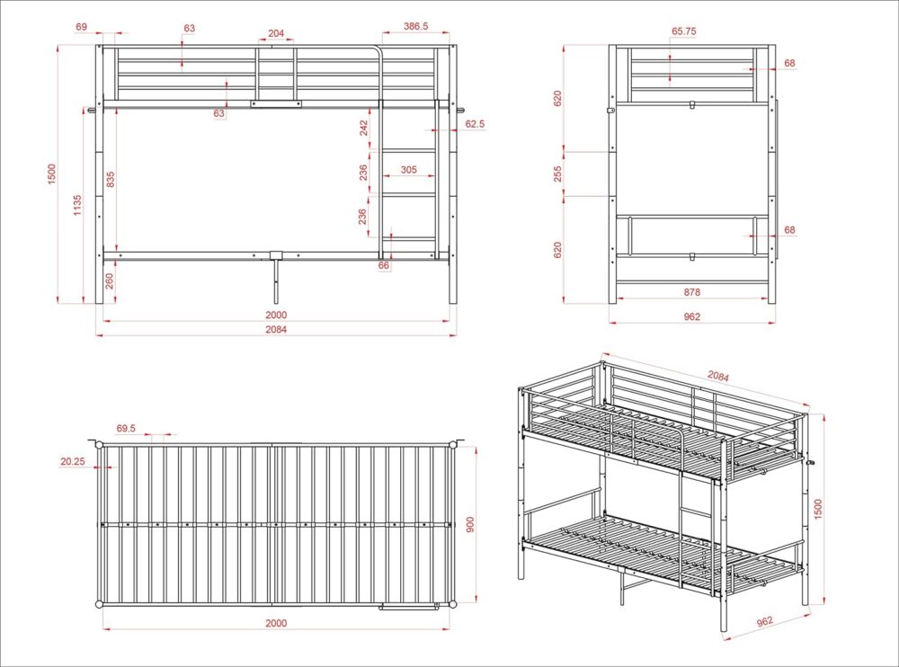 Etagenbett 90 x 200 cm mit Lattenrost, Kinderbett mit Leiter und Fallschutz – Schwarz – Bild 2