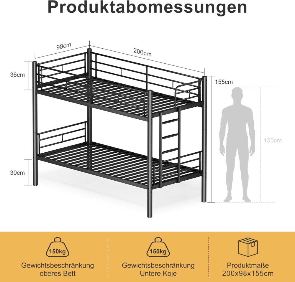 Etagenbett 90 x 200 cm mit Fallschutz und Lattenrost, in zwei Einzelbetten umwandelbar, funktionales Etagenbett – Schwarz – Bild 2