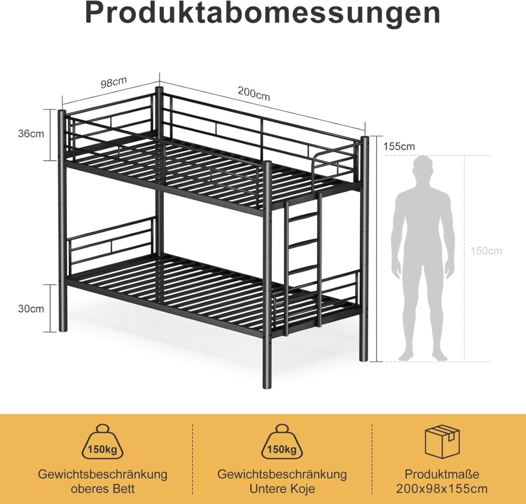 Etagenbett 90 x 200 cm mit Fallschutz und Lattenrost, in zwei Einzelbetten umwandelbar, funktionales Etagenbett – Schwarz