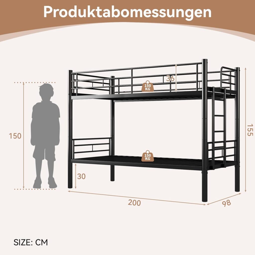 Kinder-Etagenbett 90 x 200 cm mit Sicherheitsgeländer, Metallbett, in 2 Einzelbetten umwandelbar, mit Lattenrost und rutschfester Leiter – Schwarz