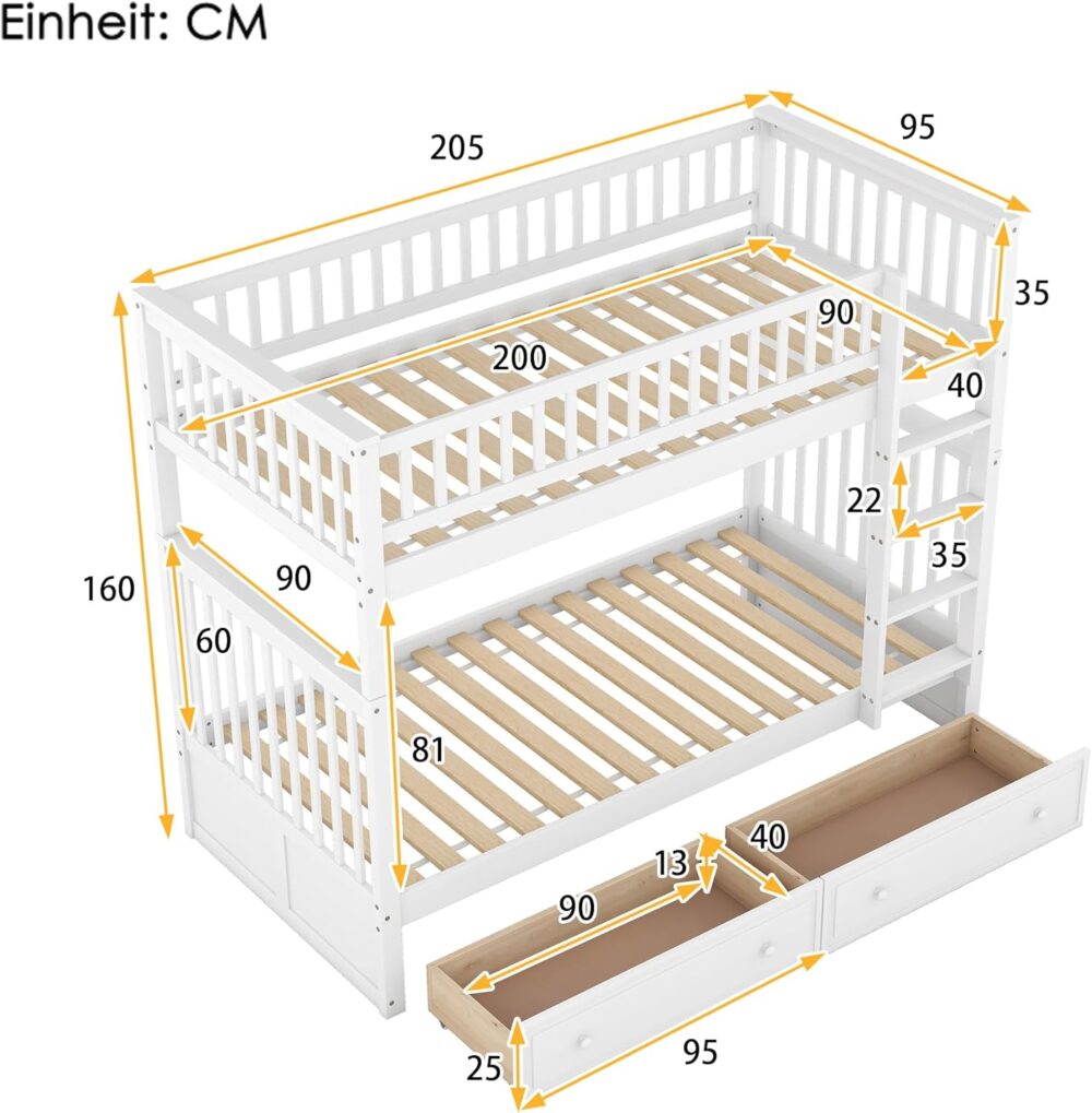 Children’s Wooden Bunk Bed 90x200 cm – White Convertible Bed for 2 Kids with Storage Drawers, Ladder, Fall Protection & Slatted Frame – Bild 6