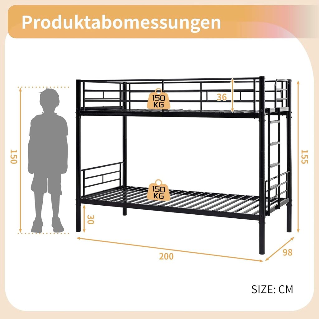 Metall-Etagenbett, mit Leiter und Fallschutz, geeignet für Erwachsene und Jugendliche, 90 x 200 cm, Schwarz
