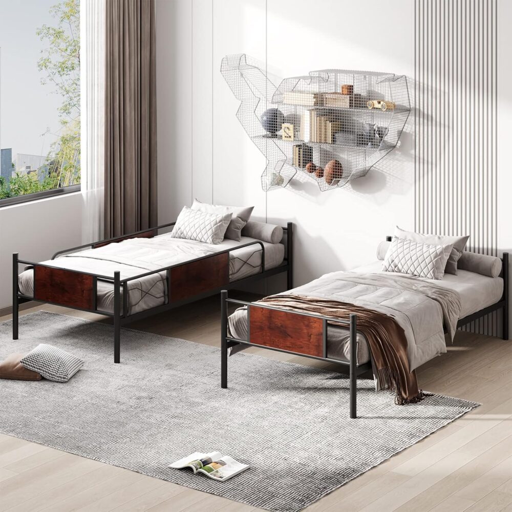 Etagenbett für Erwachsene und Kinder, abnehmbares 2-stöckiges Bett ohne Matratze, mit Kletterleiter, im Industriestil, 198 x 95 x 156 cm, Schwarz – Bild 2