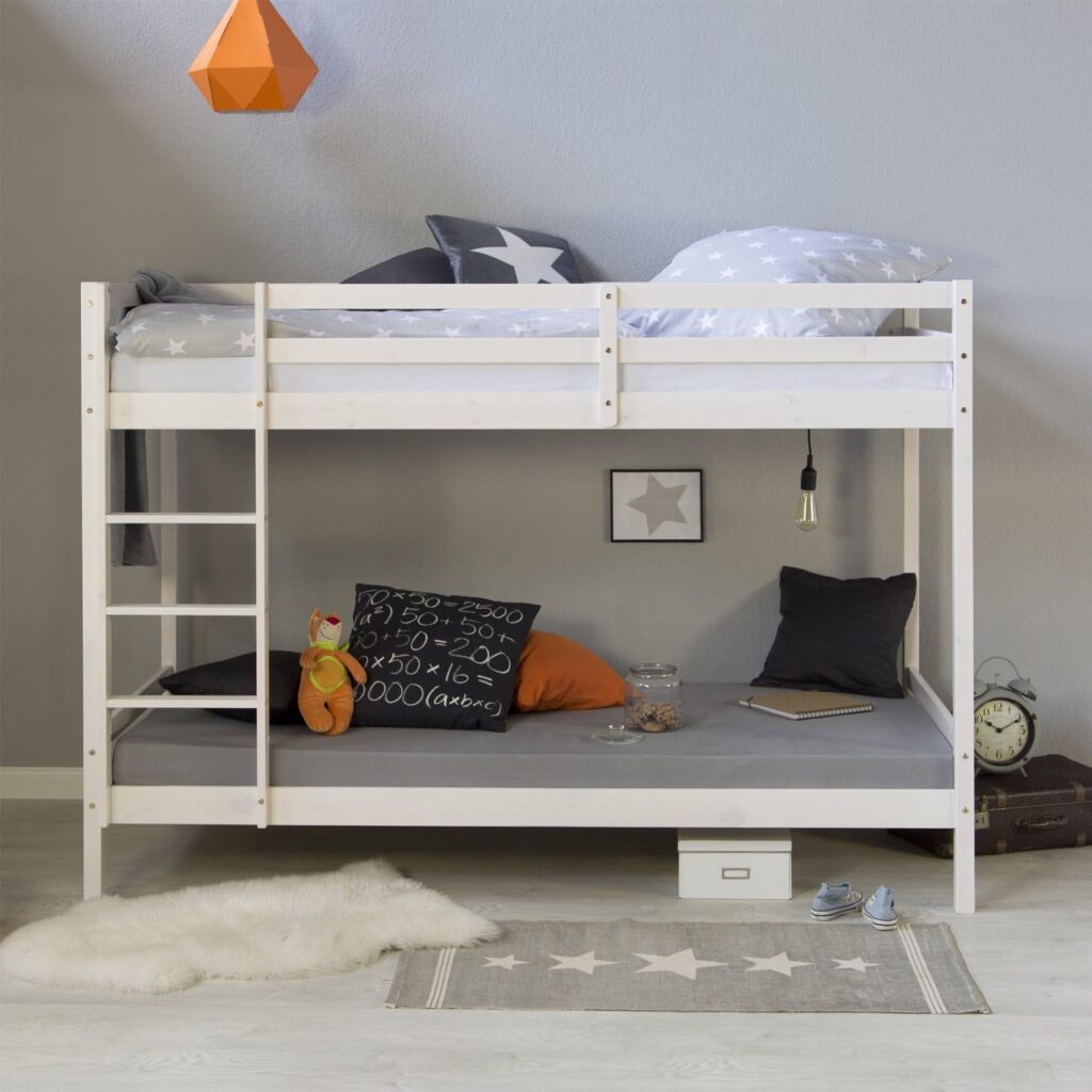 Etagenbett 90 x 200 cm mit Stauraum, Holz, Weiß, Doppel-Etagenbett 90 x 200 cm für 2 Kinder mit Lattenrost | Artikel 1431