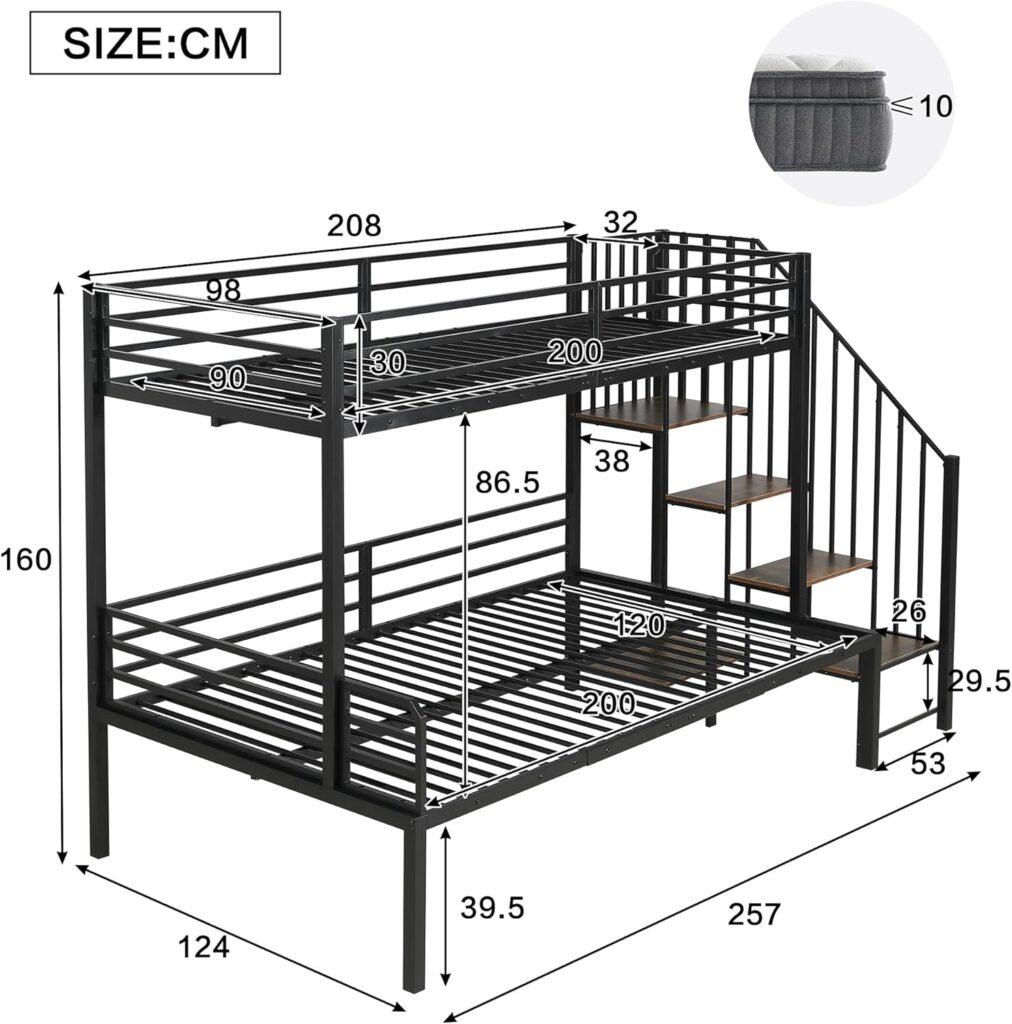 „Kinder-Etagenbett für 2 Personen, 90 x 200 cm und 120 x 200 cm – Metallbett mit Treppe, Regalablage, Lattenrost und Absturzsicherung, ohne Matratze, Schwarz“