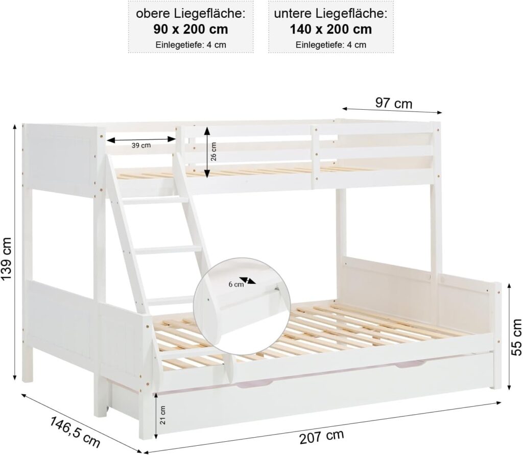 „Kinder-Etagenbett mit Bettkasten, 90 x 200 cm und 140 x 200 cm – Weißes Holz-Etagenbett für Kinder, inklusive Stauraum | Artikel 2723“