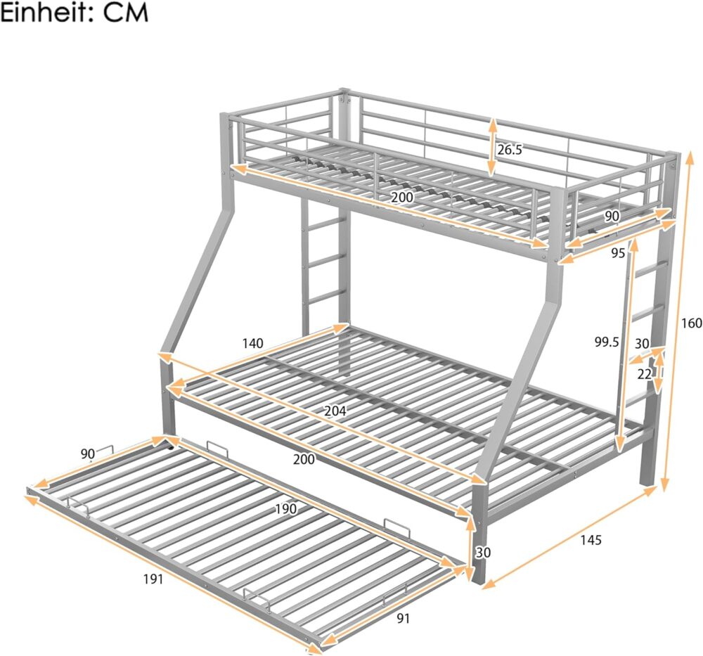 "Metall-Etagenbett mit ausziehbarem Zusatzbett, beidseitiger Leiter, für Kinder, Jugendliche und Erwachsene, leicht zu montieren, 90 (140) x 200 cm, Silber" – Bild 2