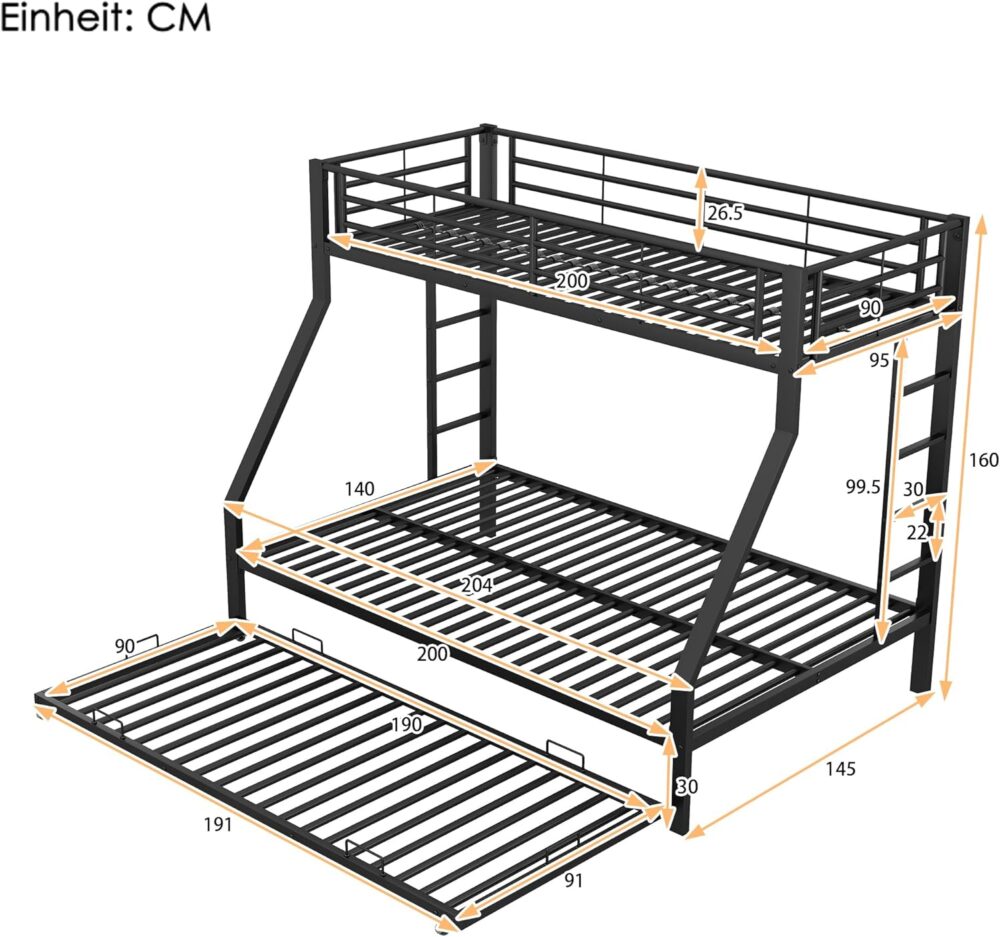 Metall Etagenbett Schwarz 90x200 cm mit Leiter – Bild 2