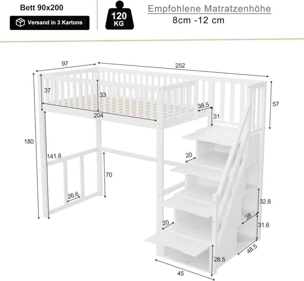 Wooden Bunk Bed White 90x200 cm with Ladder & Storage – Bild 2