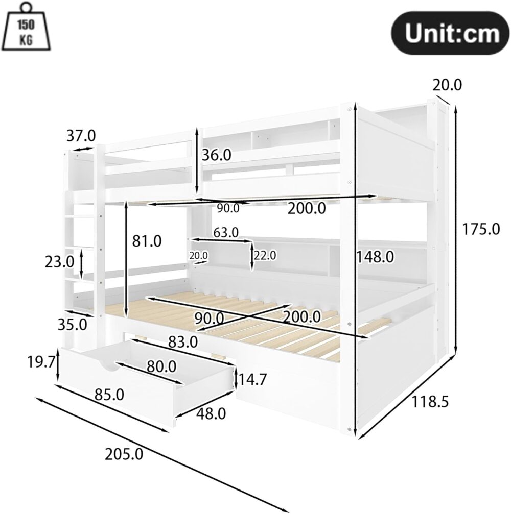 Wooden Bunk Bed 90x200 cm with Drawers & Ladder – Bild 6