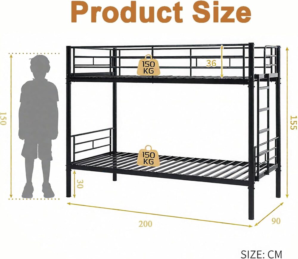 Metall Etagenbett Schwarz 90x200 cm mit Leiter – Bild 2