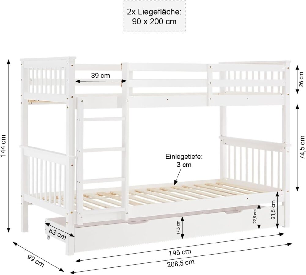 Etagenbett 90x200 mit Treppe und Bettkasten Weiß – Bild 2