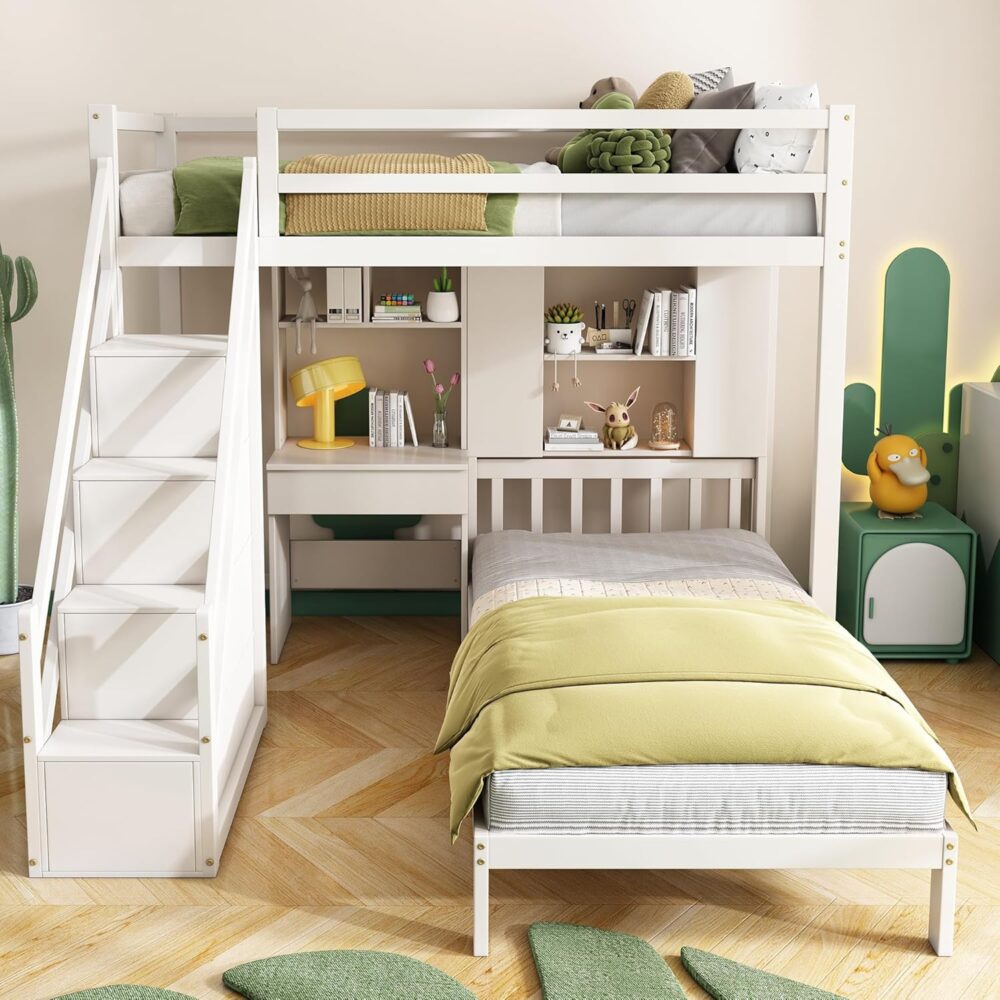 Etagenbett 90 x 200 cm, multifunktionales Kinderbett mit Schreibtisch und Regalen, Etagenbett mit Stauraumtreppe und Lattenrost, großer Stauraum, Kinder-Doppelbett, weiß, ohne Matratze – Bild 3