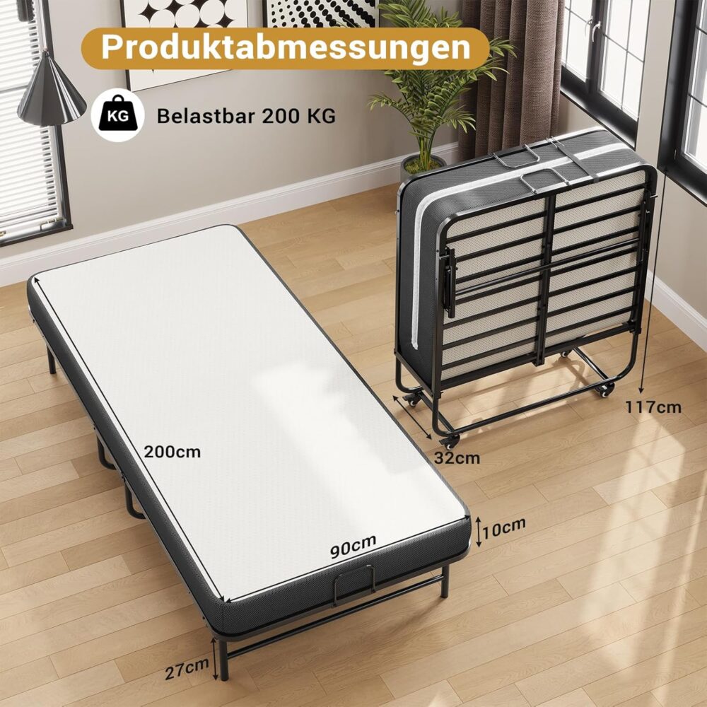 Folding Metal Guest Bed 90x200cm with Foam Mattress – Bild 7