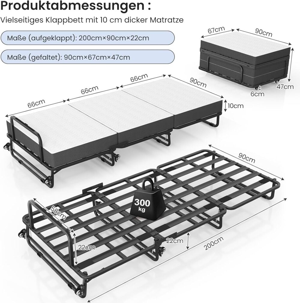 Folding Metal Bed 90x200cm with 10cm Foam Mattress – Bild 6