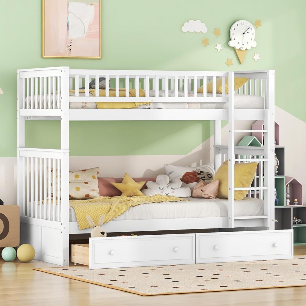 Children’s Wooden Bunk Bed 90x200 cm – White Convertible Bed for 2 Kids with Storage Drawers, Ladder, Fall Protection & Slatted Frame – Bild 5