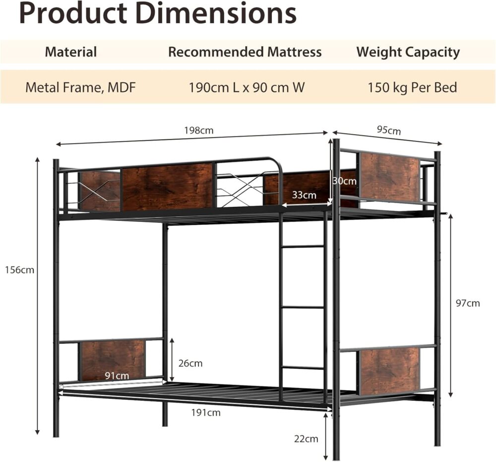 Etagenbett für Erwachsene und Kinder, abnehmbares 2-stöckiges Bett ohne Matratze, mit Kletterleiter, im Industriestil, 198 x 95 x 156 cm, Schwarz – Bild 3