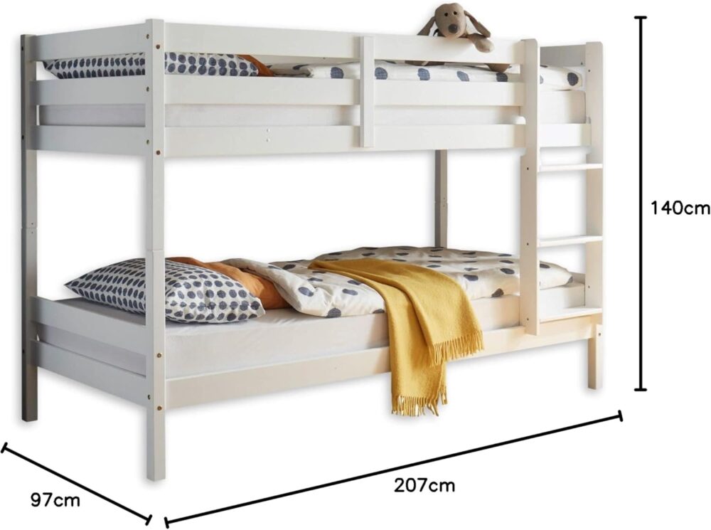 "Hochbett mit Leiter und zwei Liegeflächen 90 x 200 cm – Platzsparendes Kinder-Etagenbett aus Massivholz Kiefer Weiß – 97 x 140 x 207 cm (B x H x T)" – Bild 3