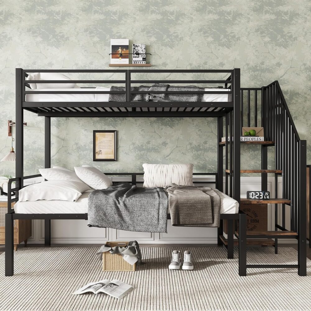 "Kinder-Etagenbett für 2 Personen, 90 x 200 cm und 120 x 200 cm – Metallbett mit Treppe, Regalablage, Lattenrost und Absturzsicherung, ohne Matratze, Schwarz" – Bild 3