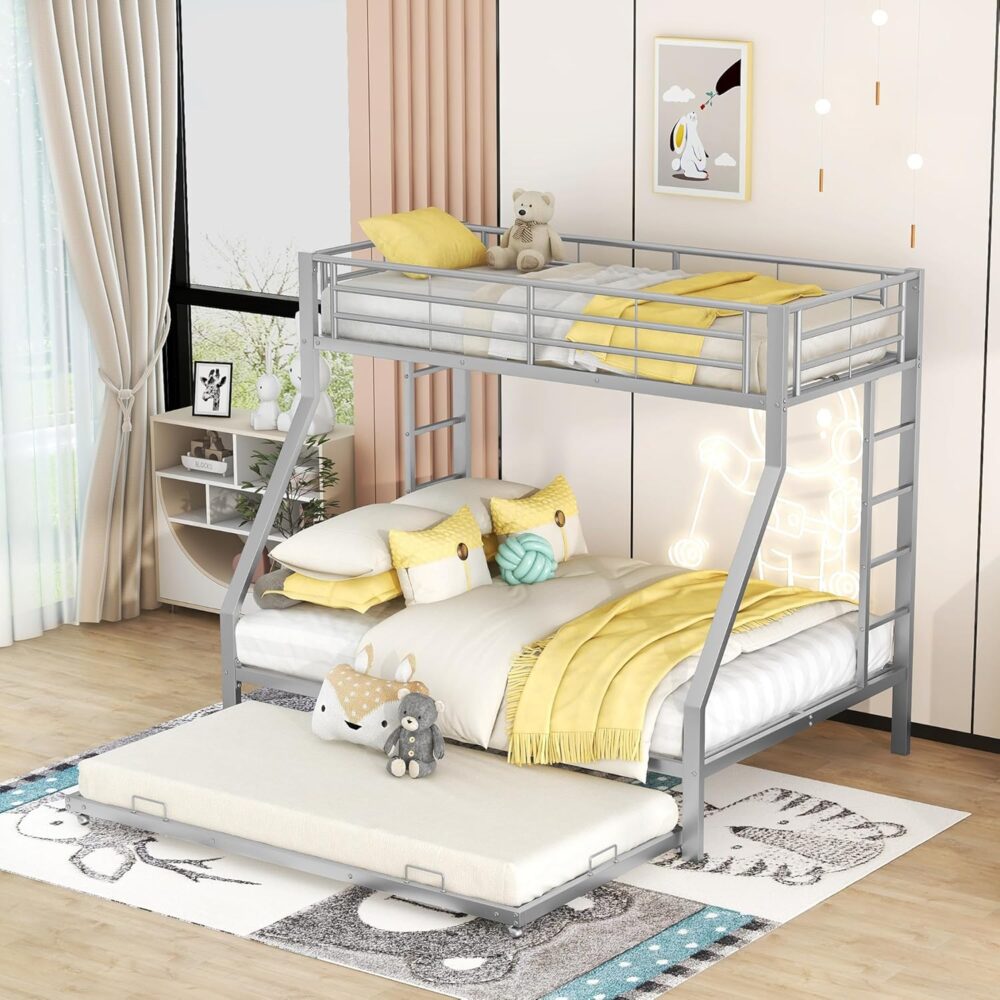 "Metall-Etagenbett mit ausziehbarem Zusatzbett, beidseitiger Leiter, für Kinder, Jugendliche und Erwachsene, leicht zu montieren, 90 (140) x 200 cm, Silber" – Bild 3