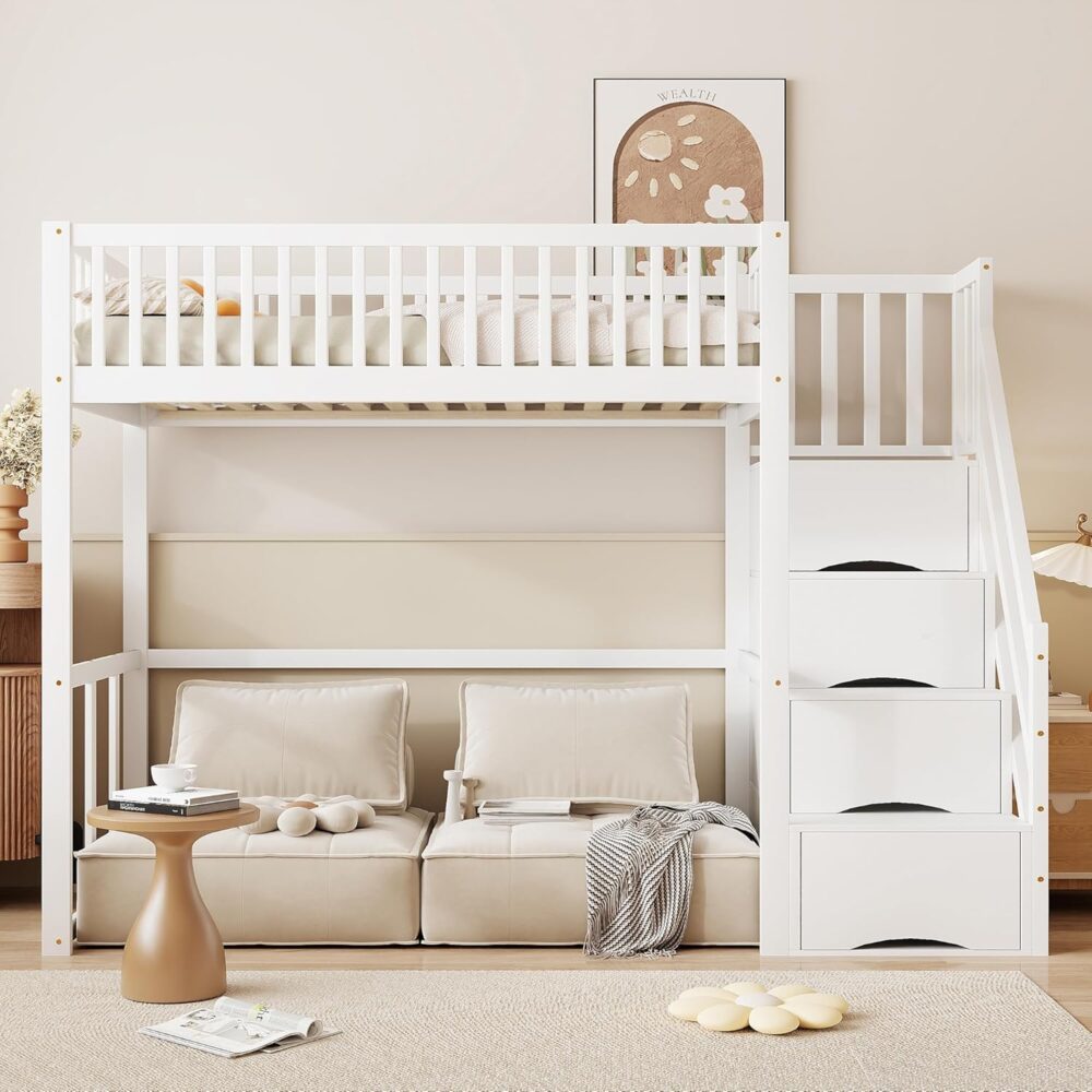 Wooden Bunk Bed White 90x200 cm with Ladder & Storage – Bild 3