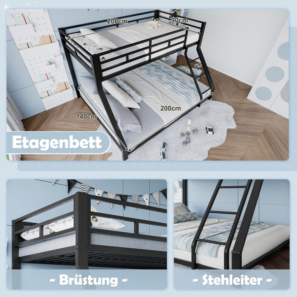 Etagenbett Metall 90x200 + 140x200 cm, Schwarz – Bild 3