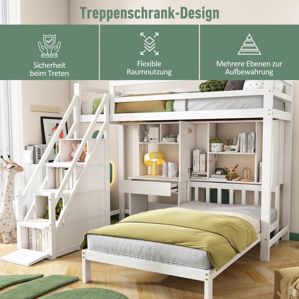 Etagenbett 90 x 200 cm, multifunktionales Kinderbett mit Schreibtisch und Regalen, Etagenbett mit Stauraumtreppe und Lattenrost, großer Stauraum, Kinder-Doppelbett, weiß, ohne Matratze – Bild 4