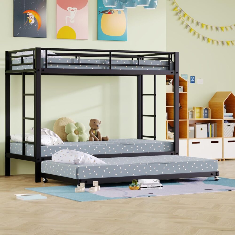 Etagenbett mit Ausziehbett, für 3 Erwachsene und Kinder, Metall-Jugendbett, dreifach, 90 x 200 + 90 x 190 cm, Schwarz – Bild 4