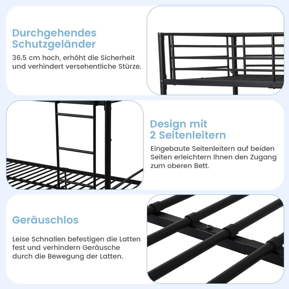 Etagenbett 90 x 200 cm mit Lattenrost, Kinderbett mit Leiter und Fallschutz – Schwarz – Bild 4