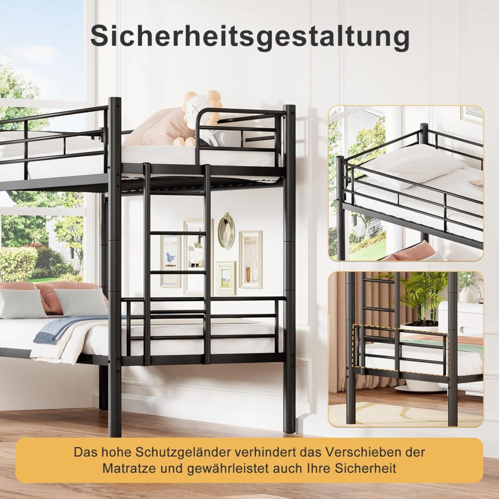 Etagenbett 90 x 200 cm mit Fallschutz und Lattenrost, in zwei Einzelbetten umwandelbar, funktionales Etagenbett – Schwarz – Bild 4