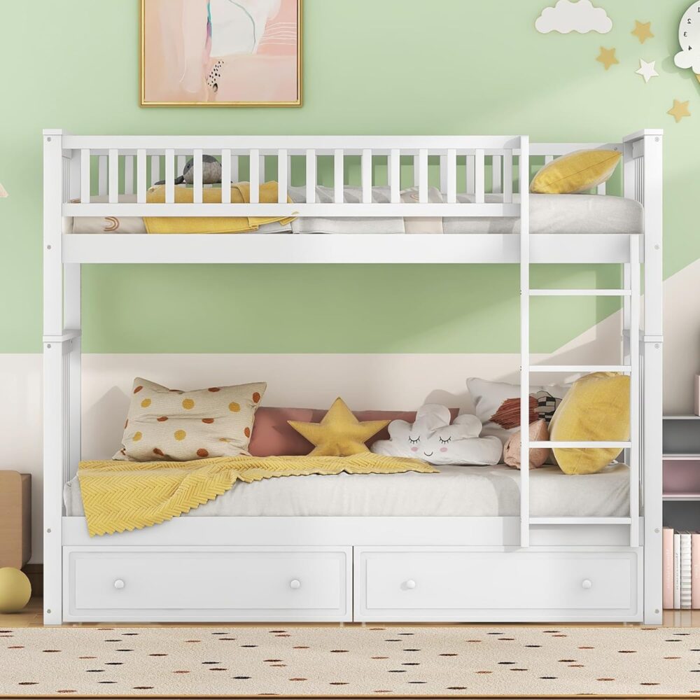 Children’s Wooden Bunk Bed 90x200 cm – White Convertible Bed for 2 Kids with Storage Drawers, Ladder, Fall Protection & Slatted Frame – Bild 4