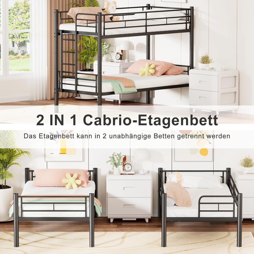 Metall-Etagenbett, mit Leiter und Fallschutz, geeignet für Erwachsene und Jugendliche, 90 x 200 cm, Schwarz – Bild 4