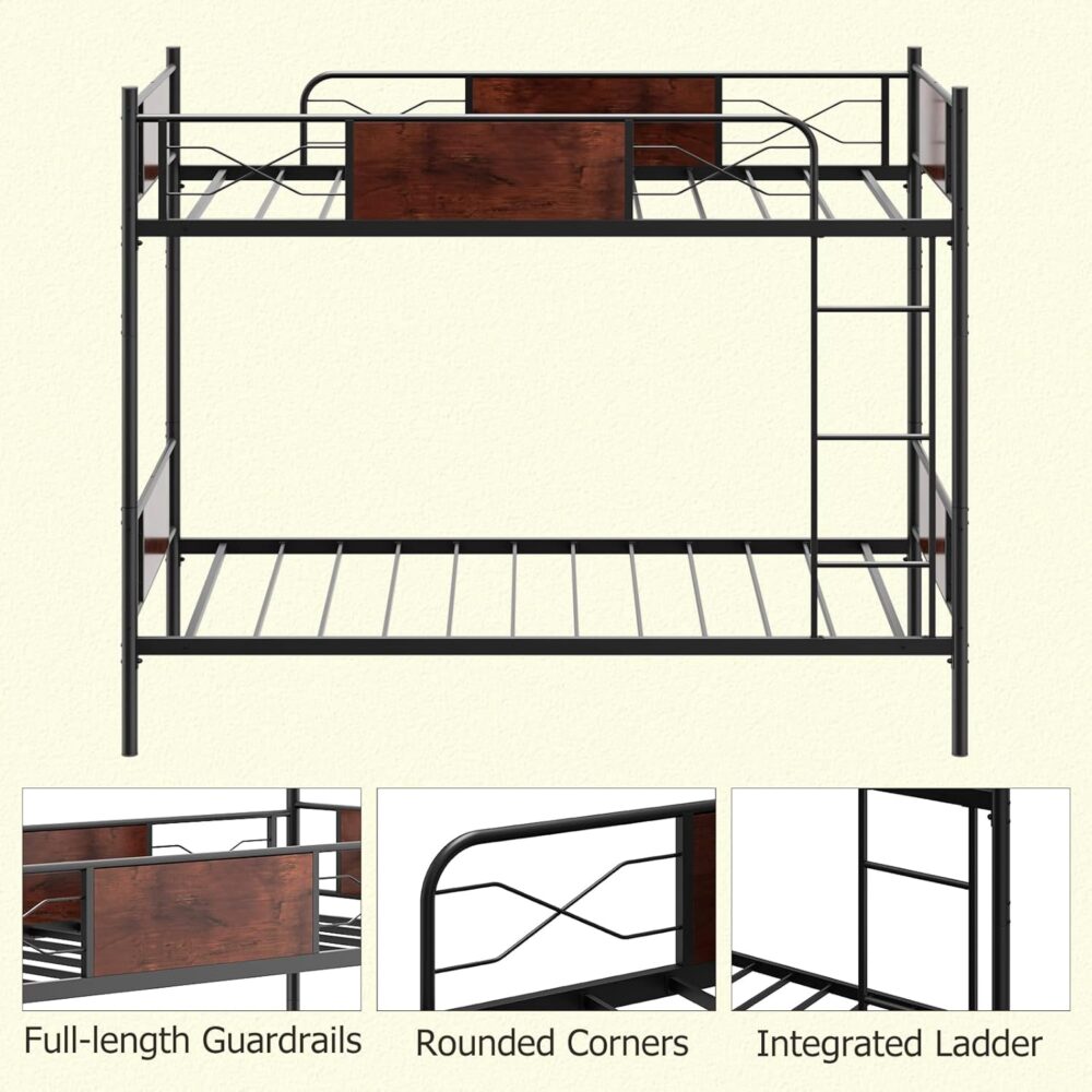Etagenbett für Erwachsene und Kinder, abnehmbares 2-stöckiges Bett ohne Matratze, mit Kletterleiter, im Industriestil, 198 x 95 x 156 cm, Schwarz – Bild 4