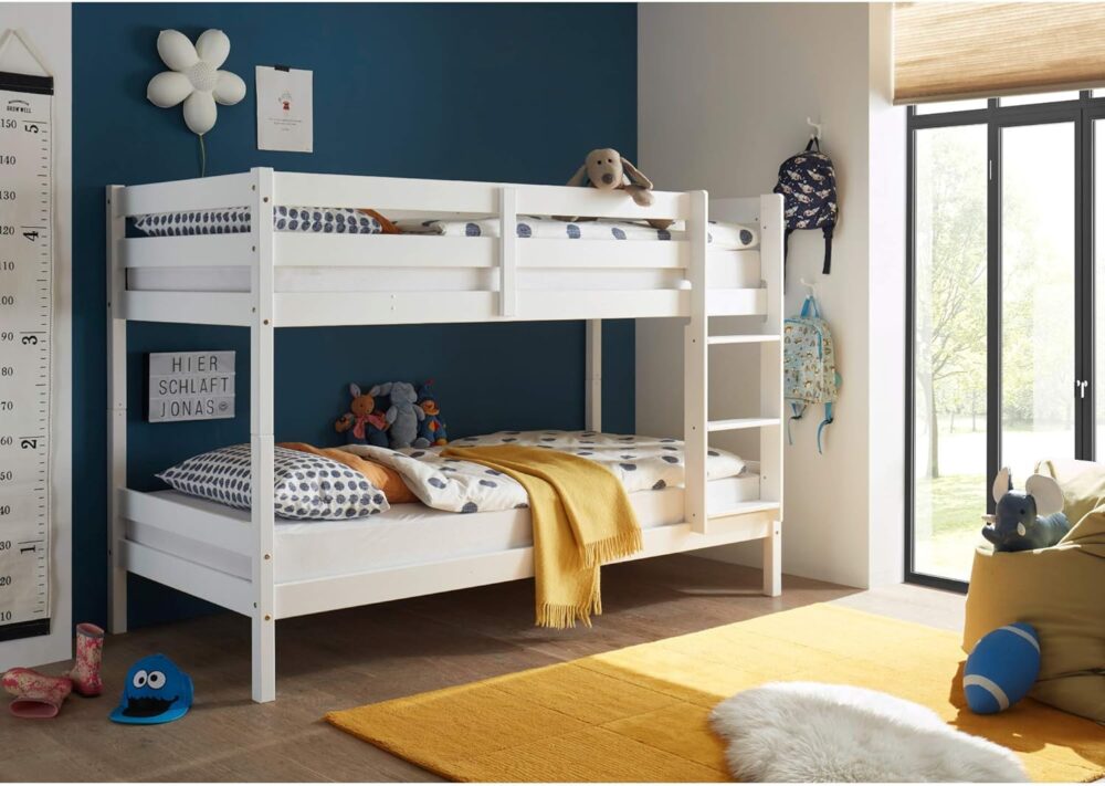 "Hochbett mit Leiter und zwei Liegeflächen 90 x 200 cm – Platzsparendes Kinder-Etagenbett aus Massivholz Kiefer Weiß – 97 x 140 x 207 cm (B x H x T)" – Bild 4