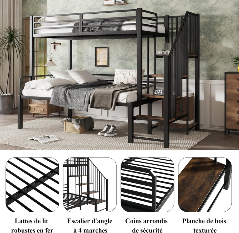 "Kinder-Etagenbett für 2 Personen, 90 x 200 cm und 120 x 200 cm – Metallbett mit Treppe, Regalablage, Lattenrost und Absturzsicherung, ohne Matratze, Schwarz" – Bild 4