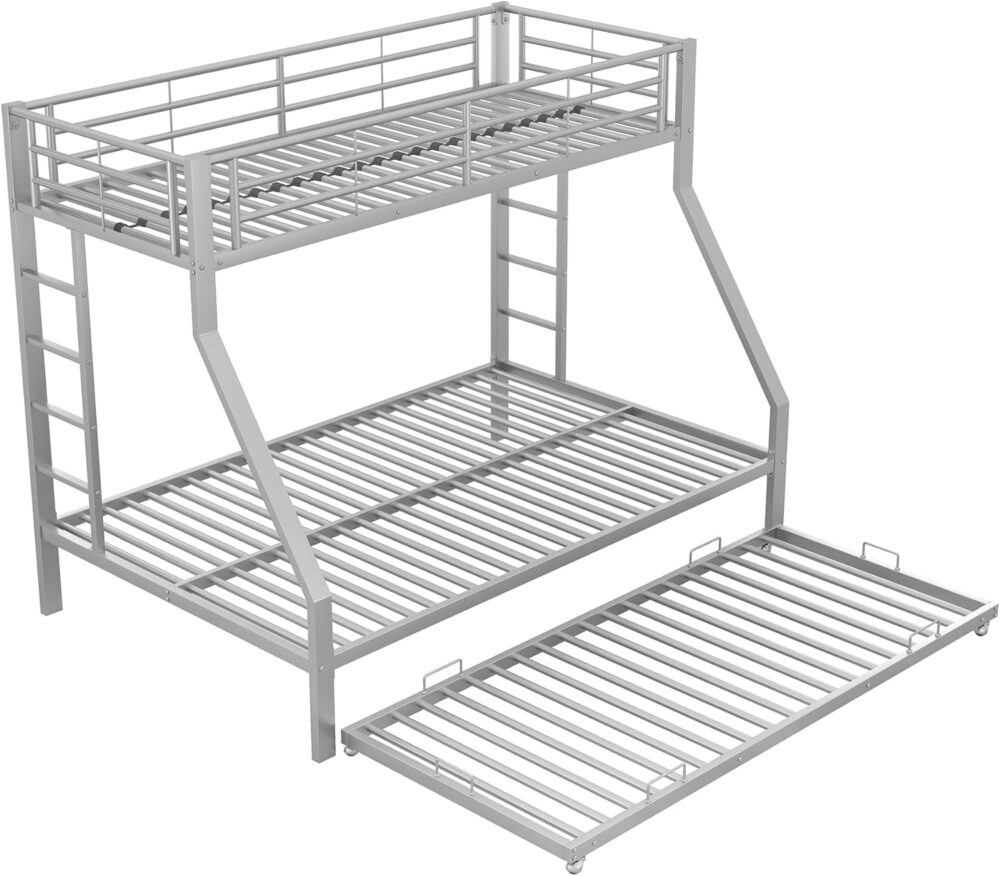"Metall-Etagenbett mit ausziehbarem Zusatzbett, beidseitiger Leiter, für Kinder, Jugendliche und Erwachsene, leicht zu montieren, 90 (140) x 200 cm, Silber" – Bild 4