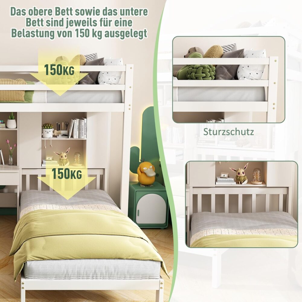 Etagenbett 90 x 200 cm, multifunktionales Kinderbett mit Schreibtisch und Regalen, Etagenbett mit Stauraumtreppe und Lattenrost, großer Stauraum, Kinder-Doppelbett, weiß, ohne Matratze – Bild 5