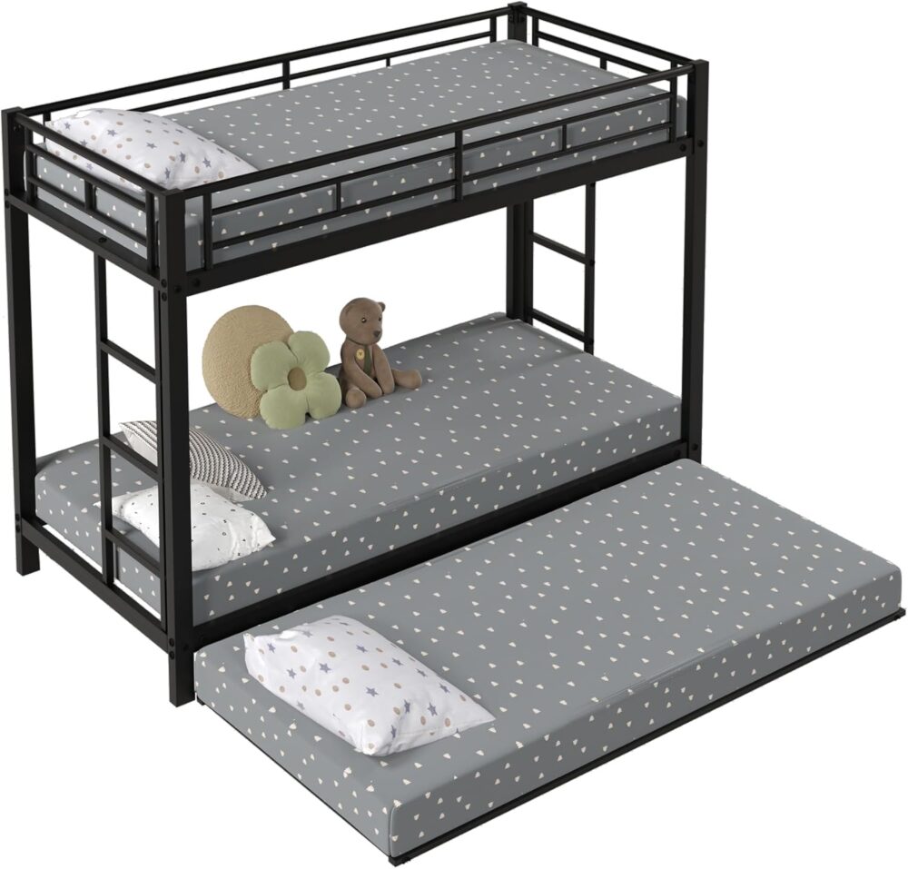 Etagenbett mit Ausziehbett, für 3 Erwachsene und Kinder, Metall-Jugendbett, dreifach, 90 x 200 + 90 x 190 cm, Schwarz – Bild 5