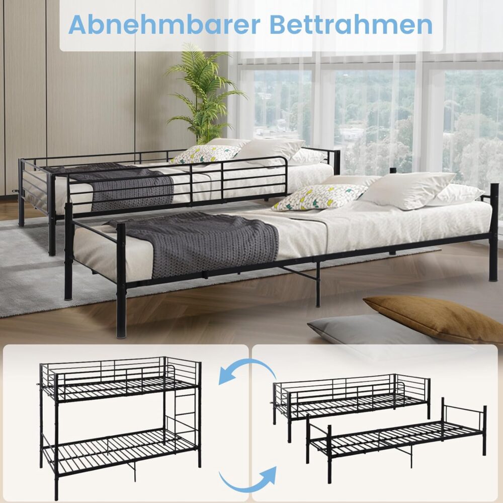 Etagenbett 90 x 200 cm mit Lattenrost, Kinderbett mit Leiter und Fallschutz – Schwarz – Bild 5