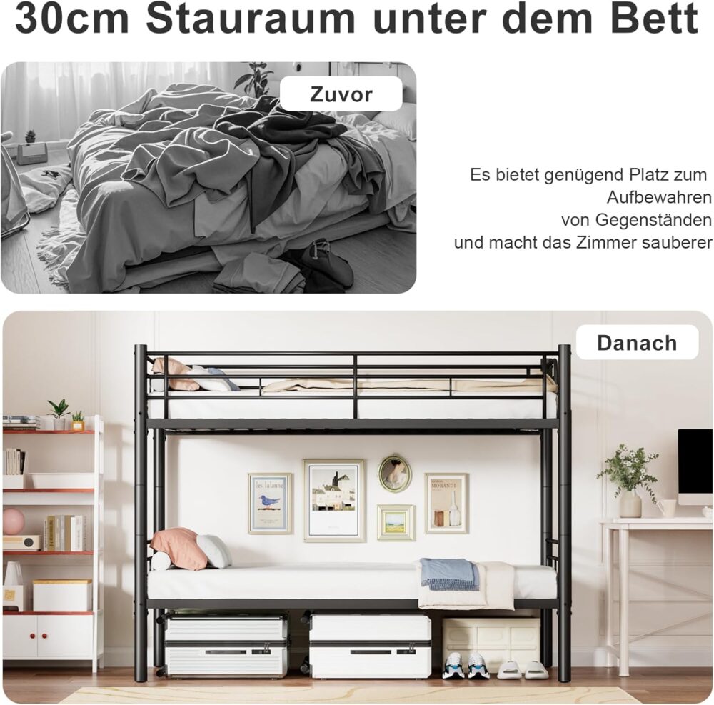 Etagenbett 90 x 200 cm mit Fallschutz und Lattenrost, in zwei Einzelbetten umwandelbar, funktionales Etagenbett – Schwarz – Bild 5