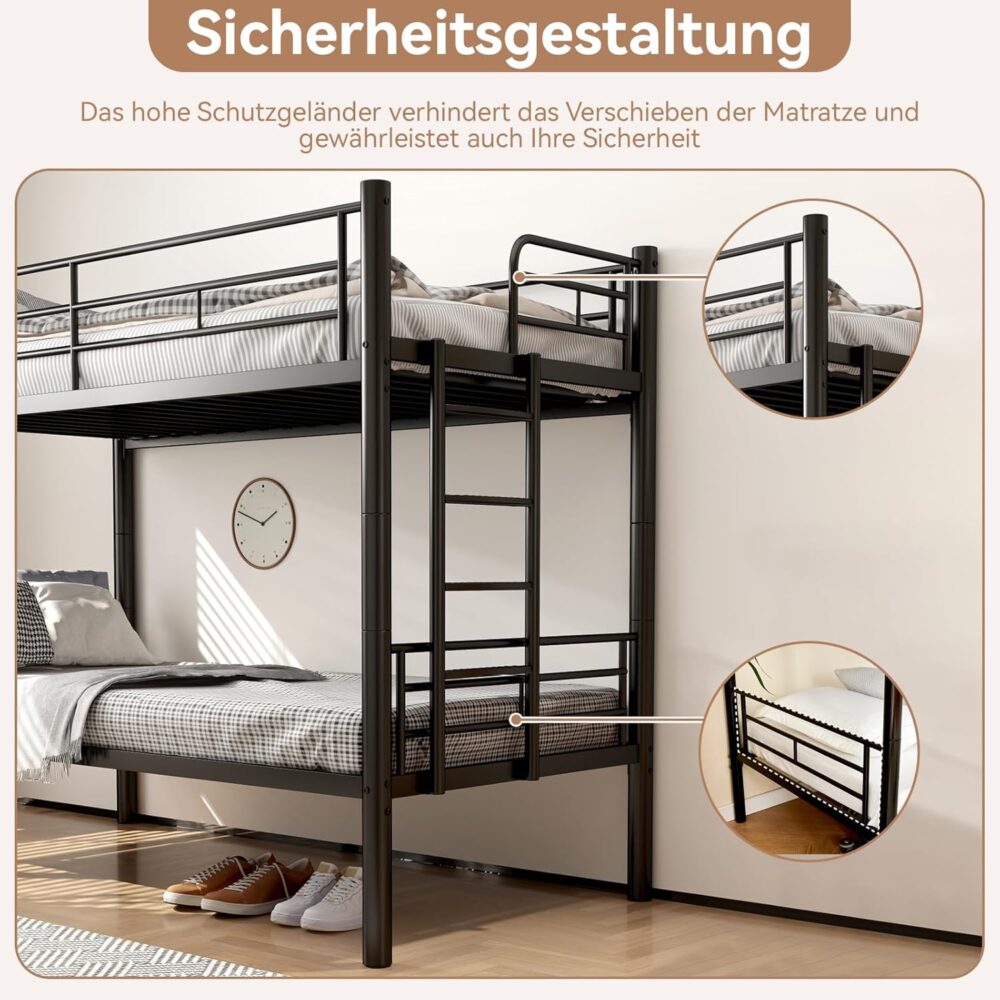 Kinder-Etagenbett 90 x 200 cm mit Sicherheitsgeländer, Metallbett, in 2 Einzelbetten umwandelbar, mit Lattenrost und rutschfester Leiter – Schwarz – Bild 5
