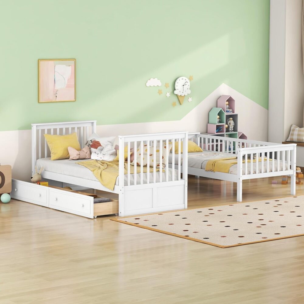 Children’s Wooden Bunk Bed 90x200 cm – White Convertible Bed for 2 Kids with Storage Drawers, Ladder, Fall Protection & Slatted Frame – Bild 3