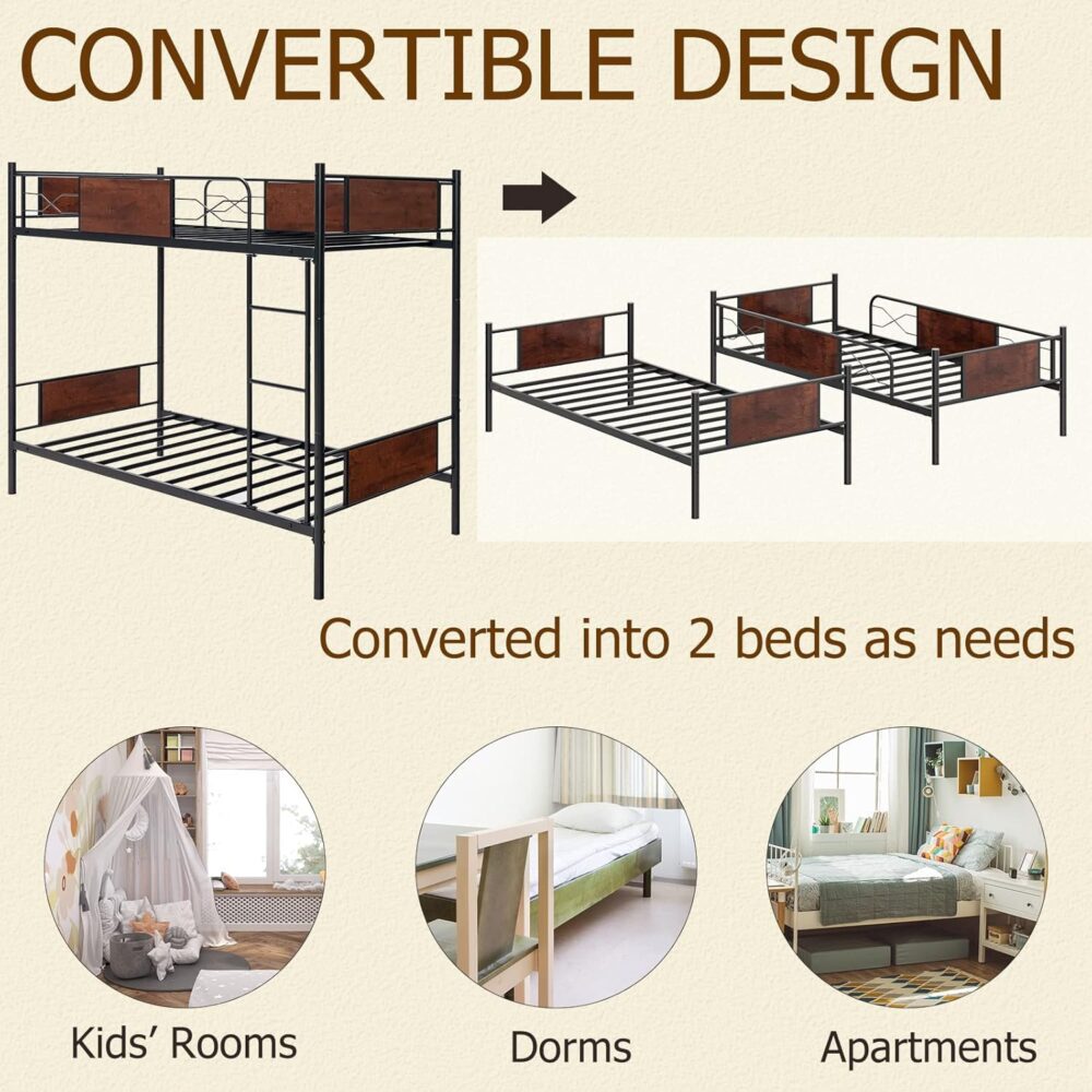 Etagenbett für Erwachsene und Kinder, abnehmbares 2-stöckiges Bett ohne Matratze, mit Kletterleiter, im Industriestil, 198 x 95 x 156 cm, Schwarz – Bild 5