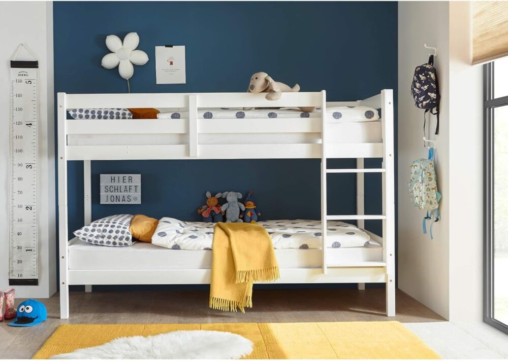 "Hochbett mit Leiter und zwei Liegeflächen 90 x 200 cm – Platzsparendes Kinder-Etagenbett aus Massivholz Kiefer Weiß – 97 x 140 x 207 cm (B x H x T)" – Bild 5