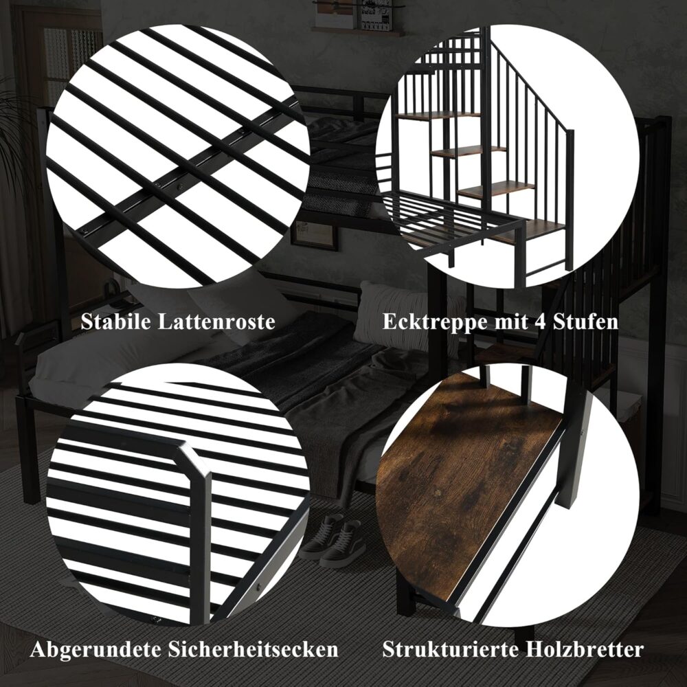 "Kinder-Etagenbett für 2 Personen, 90 x 200 cm und 120 x 200 cm – Metallbett mit Treppe, Regalablage, Lattenrost und Absturzsicherung, ohne Matratze, Schwarz" – Bild 5