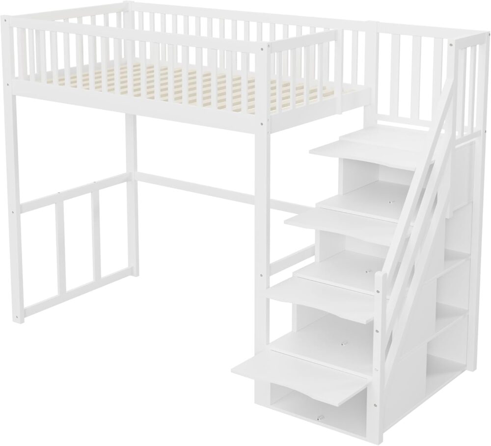 Wooden Bunk Bed White 90x200 cm with Ladder & Storage – Bild 5