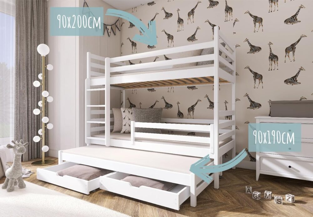 Holz Etagenbett 90x200 cm mit Ausziehbett & Schubladen – Bild 5