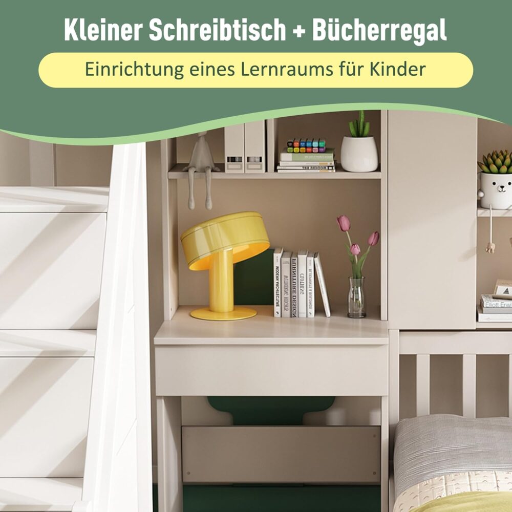 Etagenbett 90 x 200 cm, multifunktionales Kinderbett mit Schreibtisch und Regalen, Etagenbett mit Stauraumtreppe und Lattenrost, großer Stauraum, Kinder-Doppelbett, weiß, ohne Matratze – Bild 6