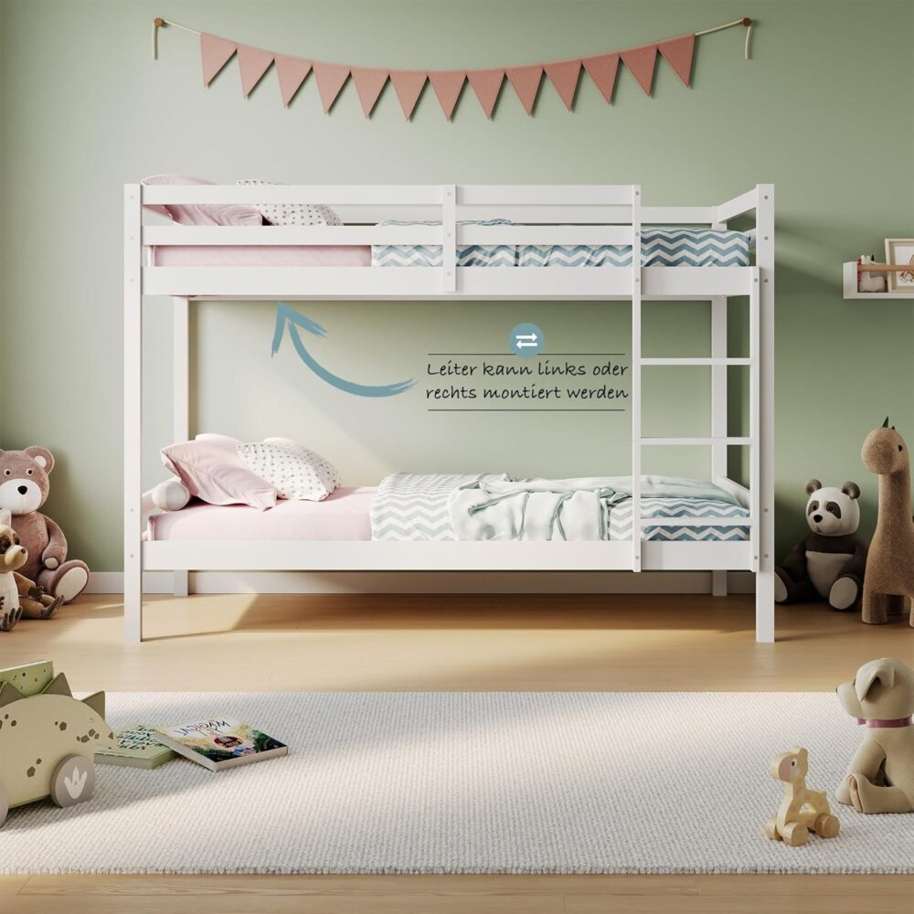 Etagenbett, Etagenbett 90 x 200 cm, Kinderbett aus Holz, EN 747 zertifiziert, platzsparendes und sicheres Etagenbett, 206 x 96 x 146 cm (B x T x H), weiß, geeignet für 4 bis 18 Jahre – Bild 6